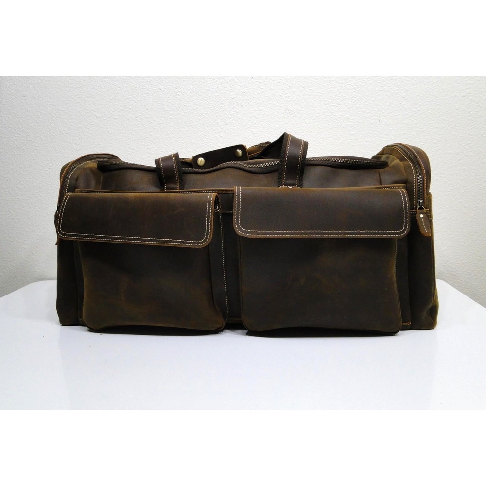 Polare Mens Full Grain Leather Duffel Bag Weekender Travel Luggage Brown Vintage